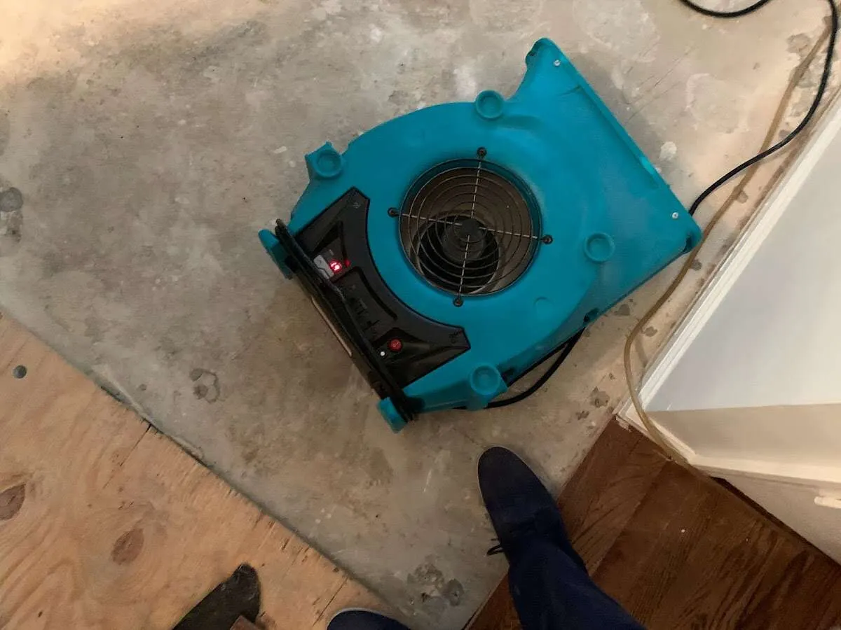 Air mover drying subfloor during Leak Detection & Repair in Addis